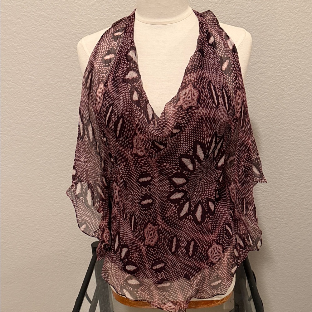 Haute hippie Sheer Mauve and Black Printed Sleeveless Halter Blouse Sz M